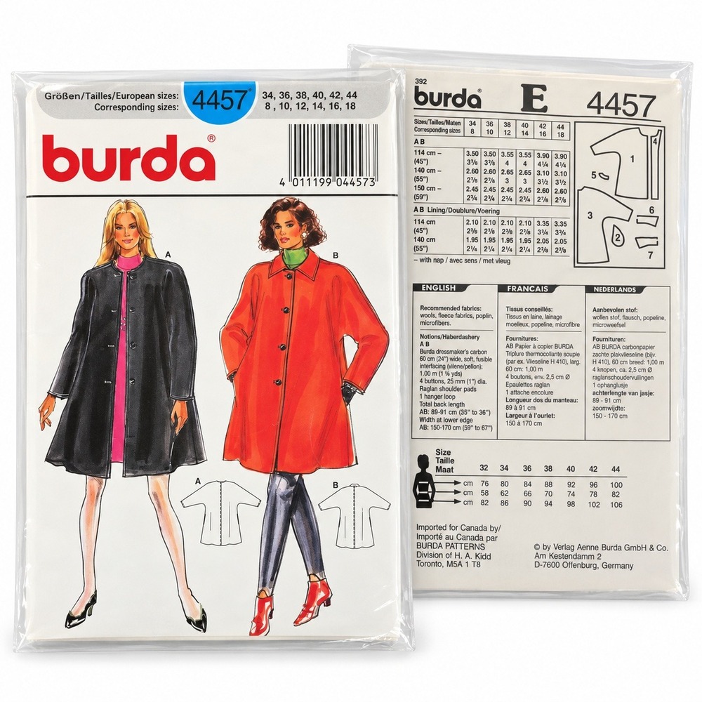 Burda 4457 Coat Sewing Pattern Women 8-18 Multi-Size New Sealed Vintage 90s